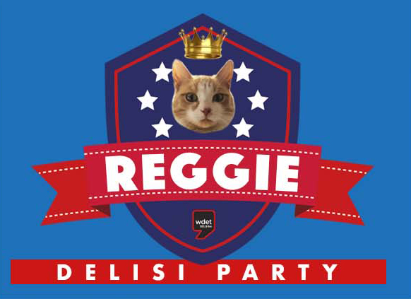 Graphic showing a cat's face with the text Reggie Delisi Party