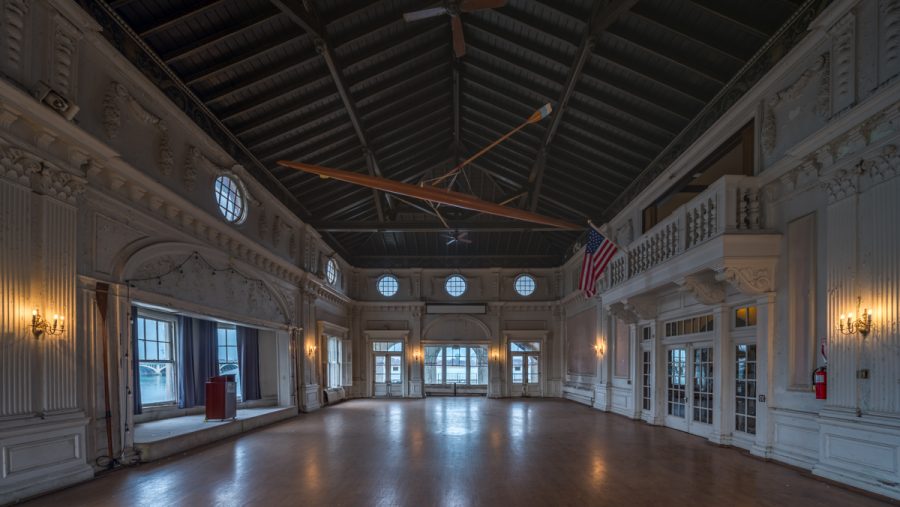 An interior shot of the ballroom inside the Belle Isle Boathouse.