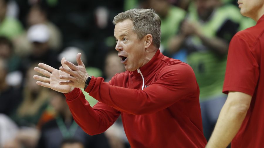 FILE - Florida Atlantic head coach Dusty May reacts during the second half of an NCAA college basketball game against South Florida, Sunday, Feb. 18, 2024, in Tampa, Fla.