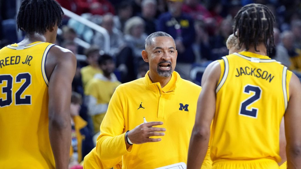 Michigan head coach Juwan Howard talks to his team during the second half of an NCAA college basketball game against Nebraska, Sunday, March 10, 2024, in Ann Arbor.