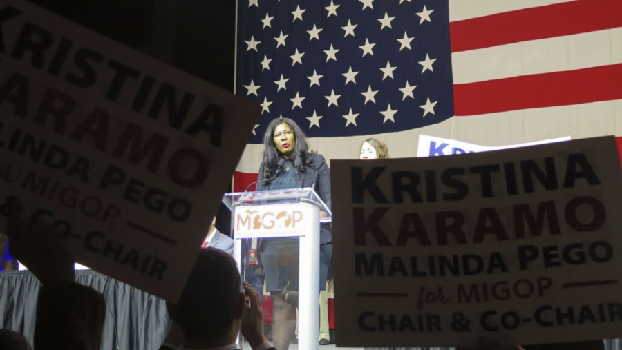 Kristina Karamo speaks to delegates at the Michigan Republican Party convention Saturday, Feb. 18, 2023, in Lansing, Mich., before she defeated nine other candidates to win the party chair position for the next two years.