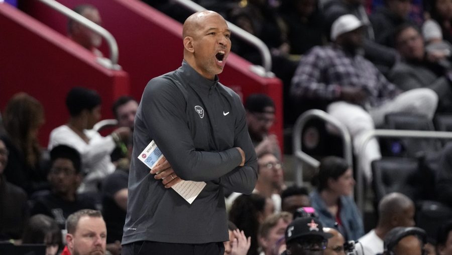Detroit Pistons head coach Monty Williams yells during the first half of an NBA basketball game against the Toronto Raptors, Wednesday, March 13, 2024, in Detroit.
