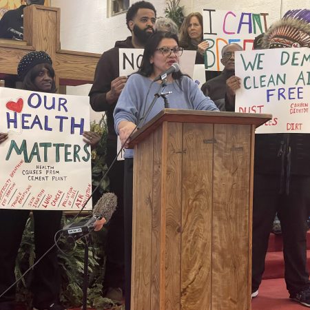 Congresswoman Rashida Tlaib (D-Mich.) speaks at a press conference in support of a city lawsuit to revoke the land use permit for Green Valley Properties, a concrete crushing facility in northwest Detroit, Thursday, March 14, 2024.