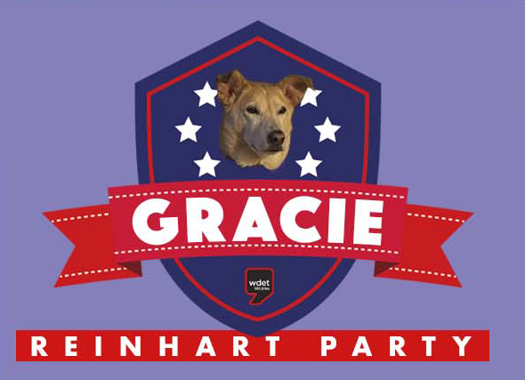 Graphic showing a dog's face with text reading Gracie Reinhart Party