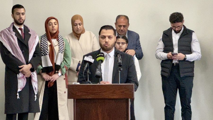 Former CBS Detroit reporter Ibrahim Samra addresses a crowd at a press conference on Monday, March 26, regarding a wrongful termination lawsuit he filed in federal court against his former employer.