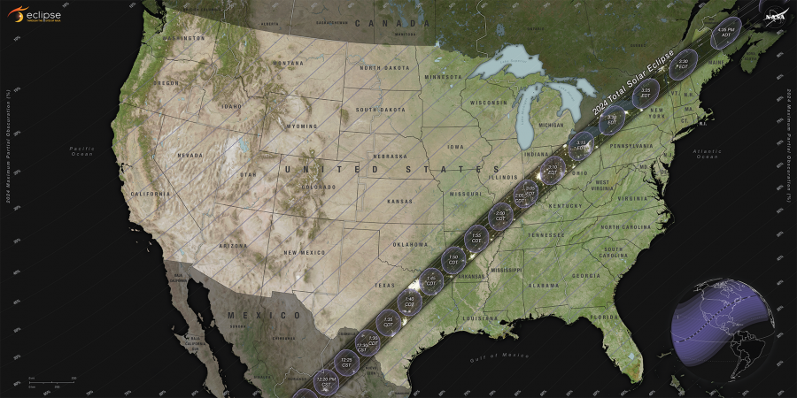 The total solar eclipse on April 8, 2024, will be visible along a narrow track stretching from Texas to Maine.