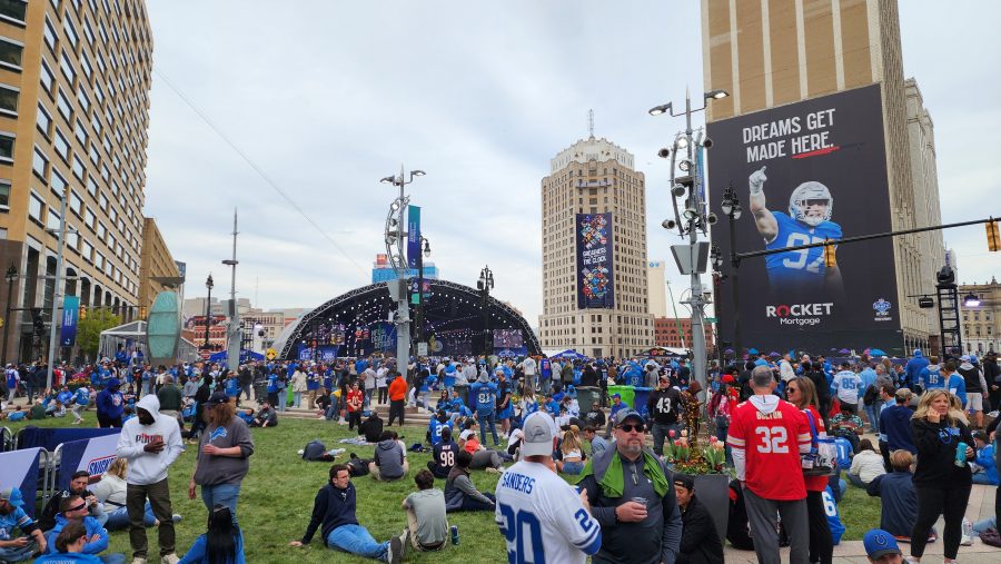 Fans stand outside the NFL Draft Theater in downtown Detroit on Thursday, April 25, 2024.