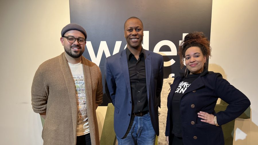 Derrick Benford (from left), Nick Austin and Chantae Cann pose for a photo at WDET.