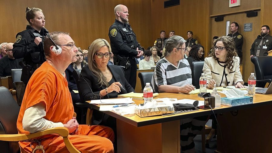 James Crumbley (from left), defense lawyer Mariell Lehman, Jennifer Crumbley, and defense lawyer Shannon Smith await sentencing in Oakland County, Mich., court on Tuesday, April 9, 2024. The Crumbleys were convicted of involuntary manslaughter for a school shooting committed by their son in 2021.