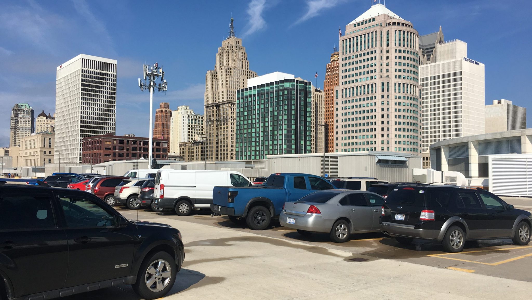 View of downtown Detroit from the parking lot on the roof of the Cobo Center.