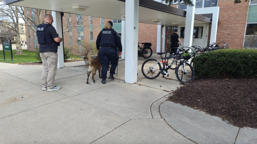 Eastern Michigan University Police search residence halls after a bomb threat was emailed on-campus on April 9, 2024.
