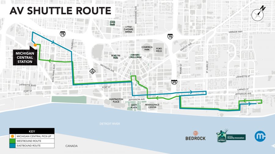 A map of the roughly 10.8-mile route for the city of Detroit's "Connect" autonomous shuttle service.