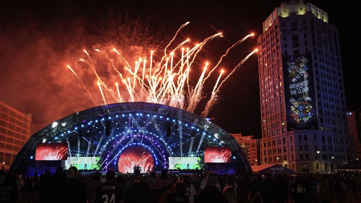 Fireworks explode at the end of the second night of the NFL football draft, Friday, April 26, 2024, in Detroit.