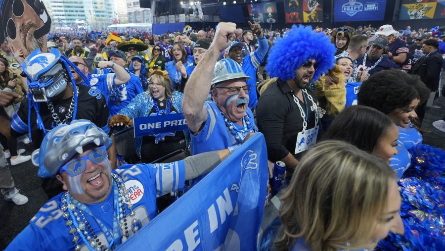 Detroit Lions fans during the first round of the NFL football draft, Thursday, April 25, 2024, in Detroit.