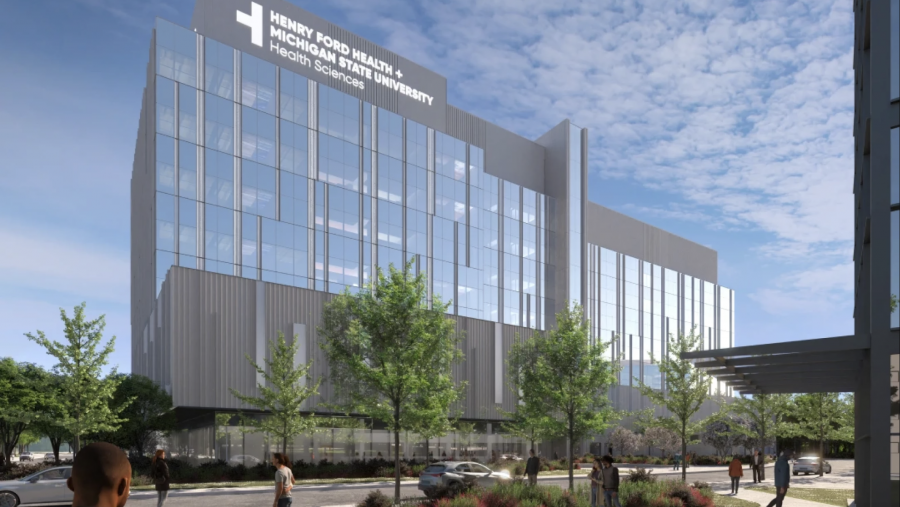 A rendering of the Henry Ford Health and Michigan State University Health Sciences Research Center in Detroit.