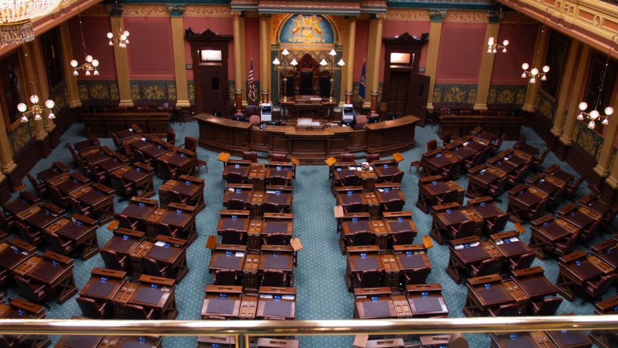 A balcony view of the state senate chambers in Michigan's capitol building.