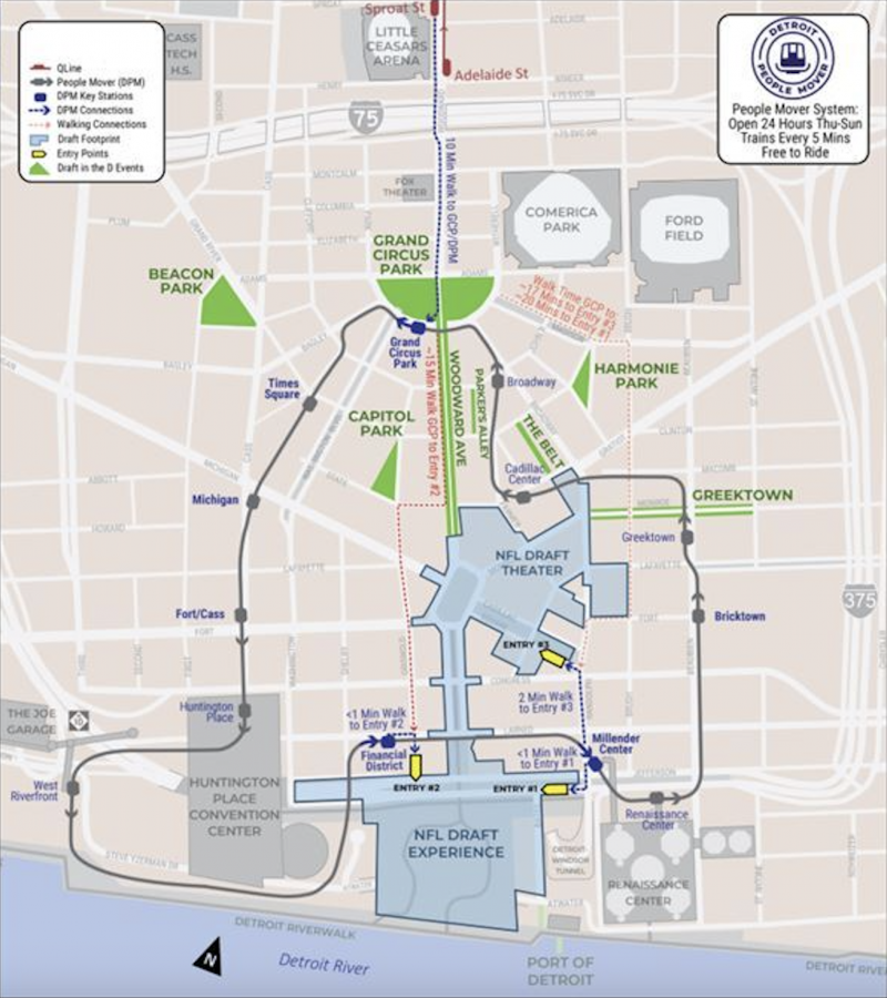 Detroit People Mover stops and locations of NFL Draft entrances.