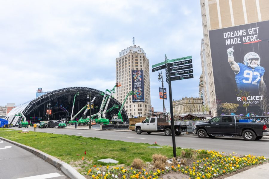 The NFL Draft Theater under construction ahead of the NFL Draft in downtown Detroit, April 2024.