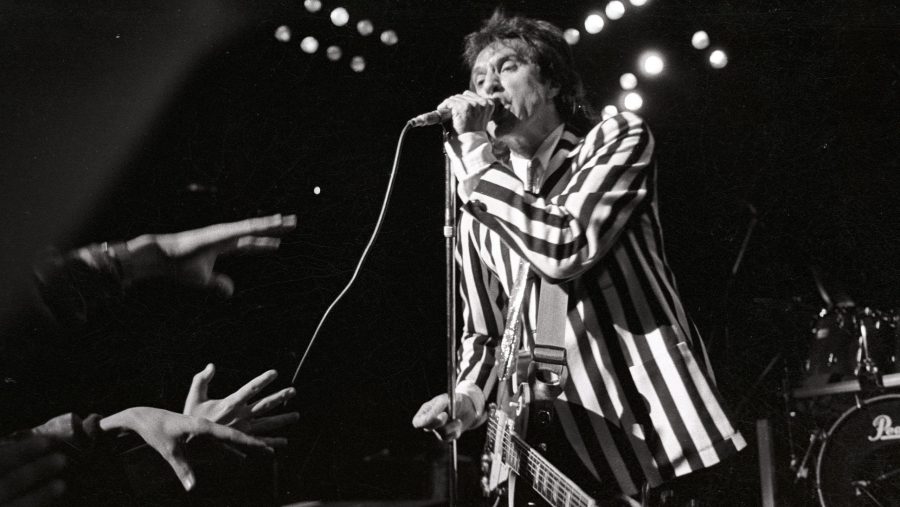 Ray Davies of The Kinks performing in Brussels, 1985.