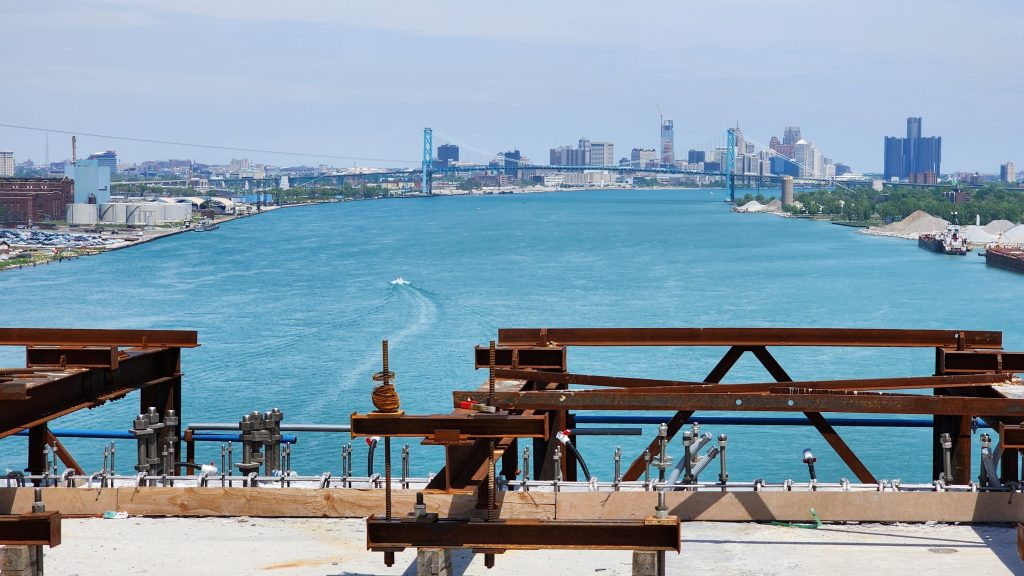 The Detroit skyline from the Gordie Howe International Bridge, still under construction.