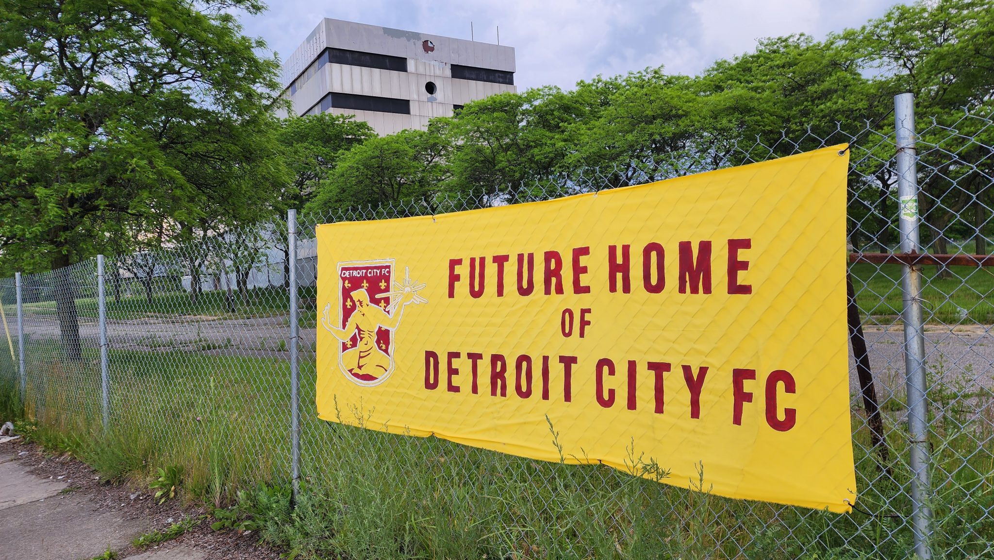 A DCFC banner hanging on the Southwest Detroit Hospital property in Corktown where the club plans to build a stadium.