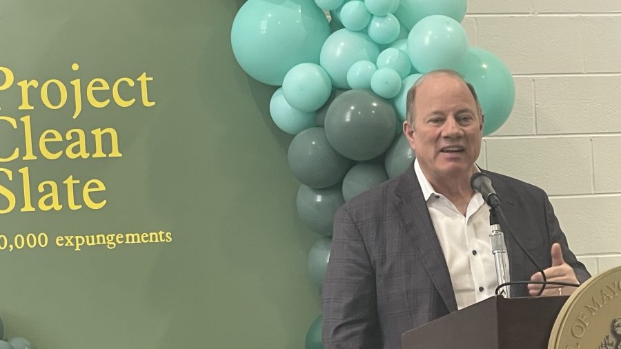 Detroit Mayor Mike Duggan addresses the media at a press event in Detroit on May 6, 2024, celebrating 10,000 expungements thanks to Project Clean Slate.