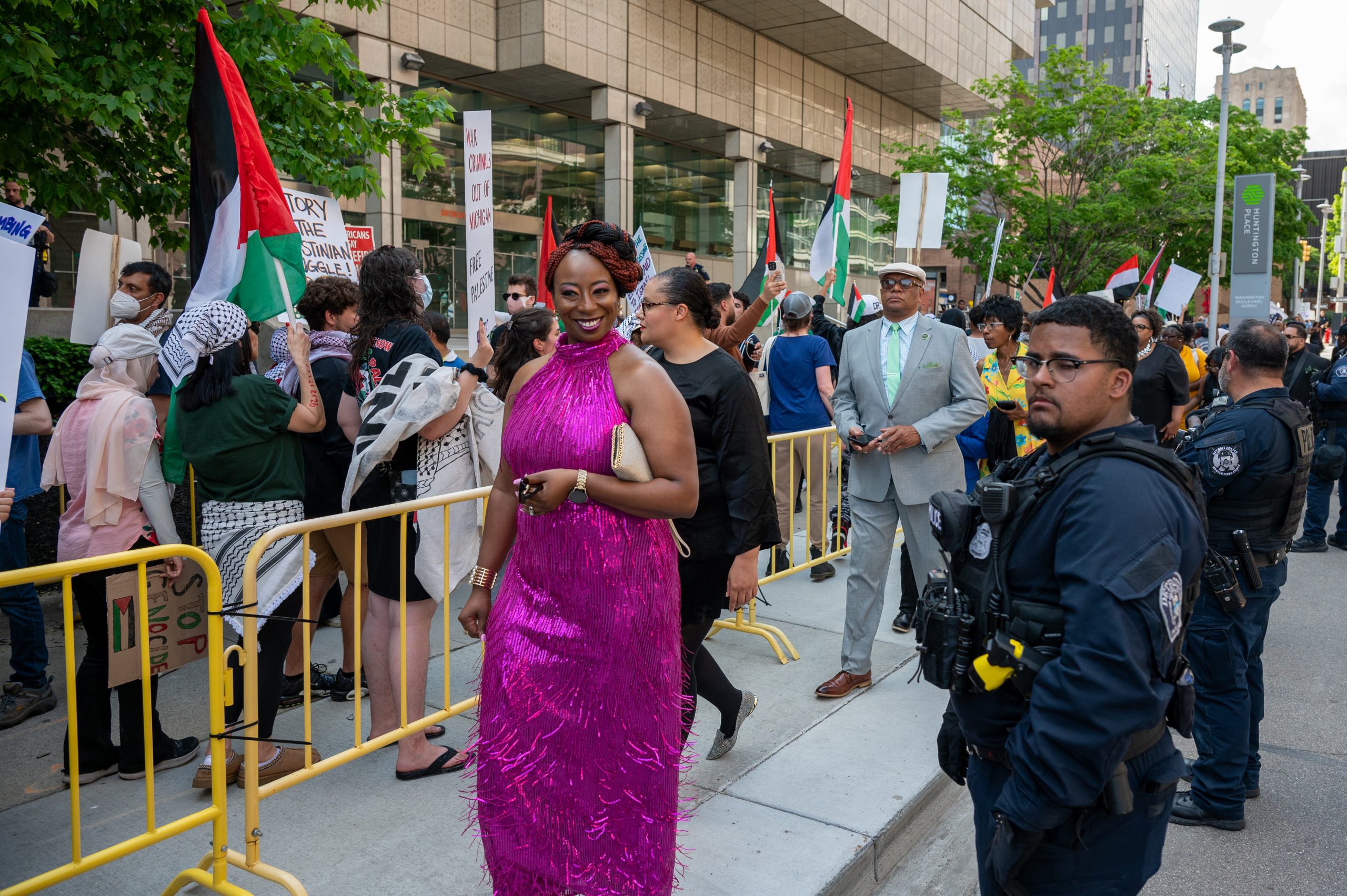 About 200 protesters gathered outside the NAACP’s Fight for Freedom Fund dinner at Huntington Place to show their dismay with Biden’s support for Israel’s ongoing military operation in Gaza.