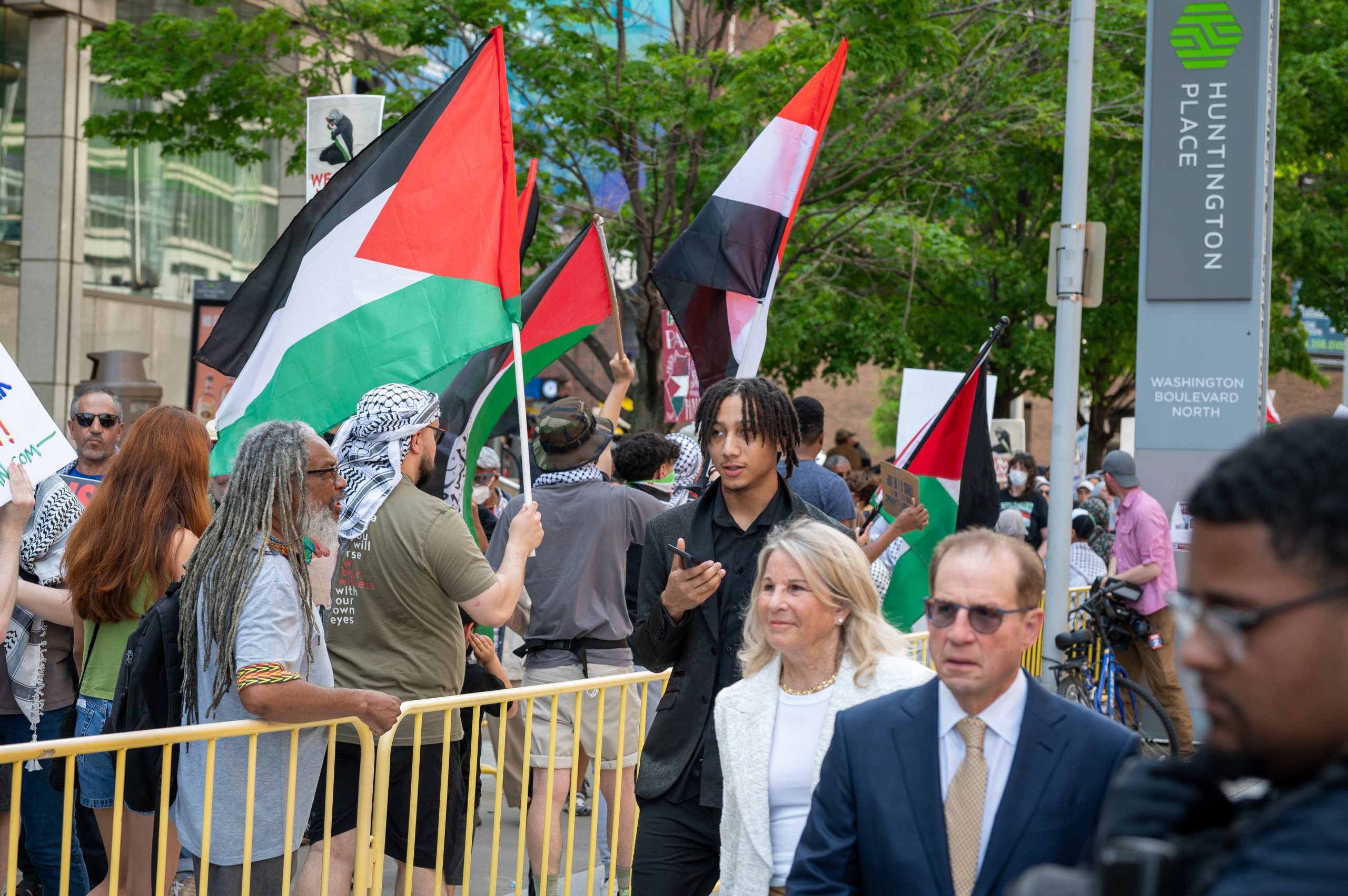 About 200 protesters gathered outside the NAACP’s Fight for Freedom Fund dinner at Huntington Place to show their dismay with Biden’s support for Israel’s ongoing military operation in Gaza.