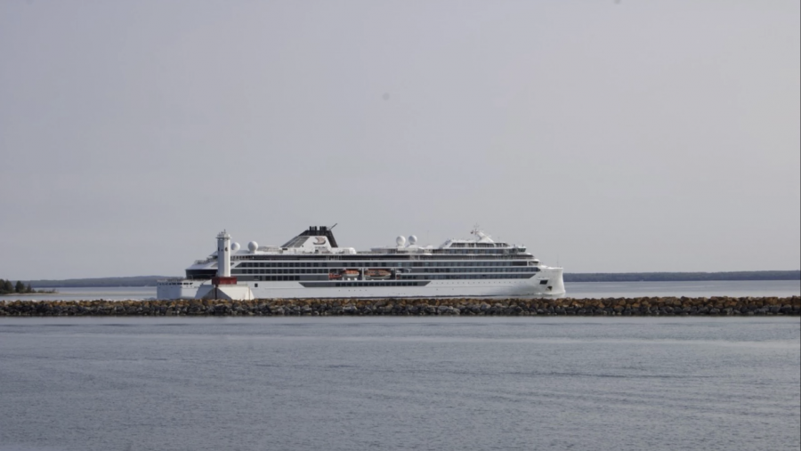 A Viking Cruises ship anchors off the Northeast coast of Mackinac Island on Tuesday.