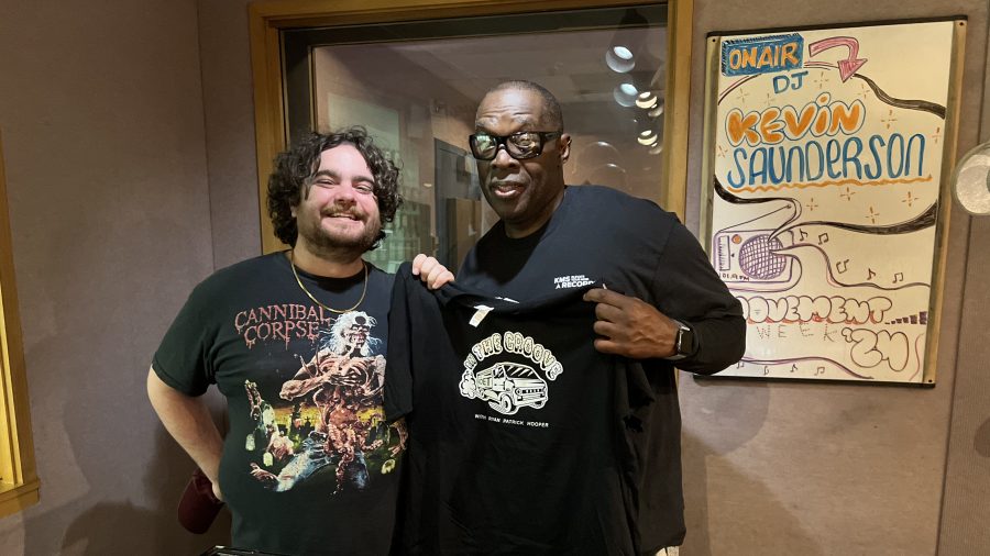 Ryan Patrick Hooper (left) and Kevin Saunderson pose in the WDET studio.