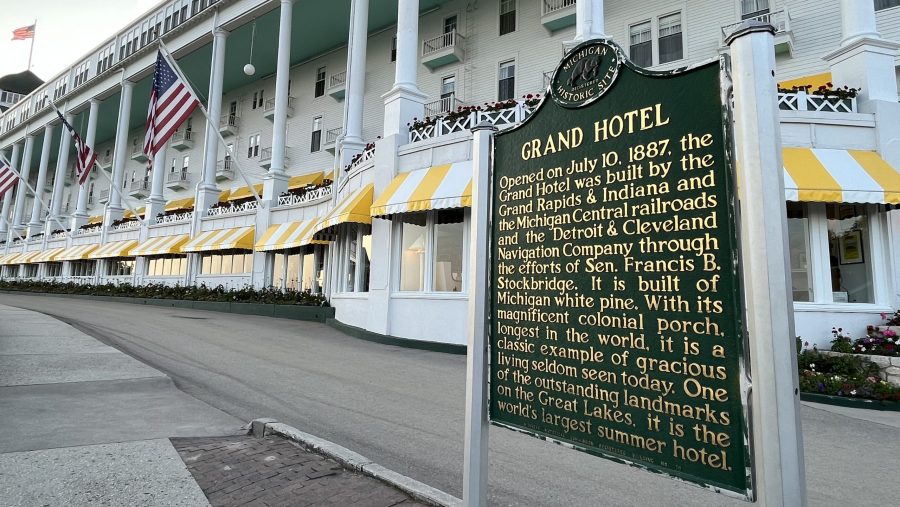 A historical marker outside the Grand Hotel on Mackinac Island, Mich.