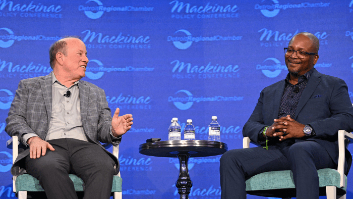 Detroit Mayor Mike Duggan and Detroit Police Chief James White during a session at the 2024 Mackinac Policy Conference at the Grand Hotel on Mackinac Island.