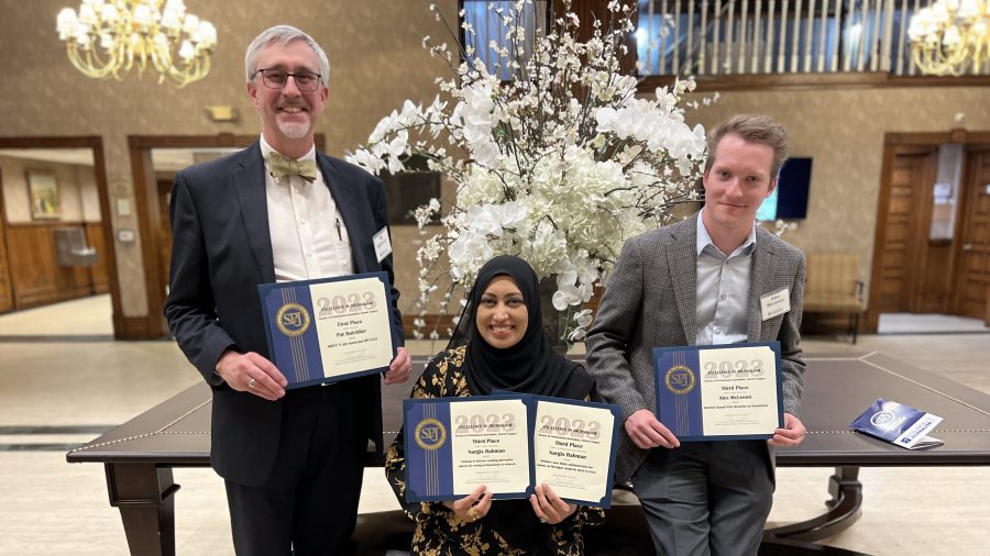 From left: WDET "Morning Edition" host Pat Batcheller and WDET reporters Nargis Rahman and Alex McLenon pose with their Society of Professional Journalism Detroit awards.