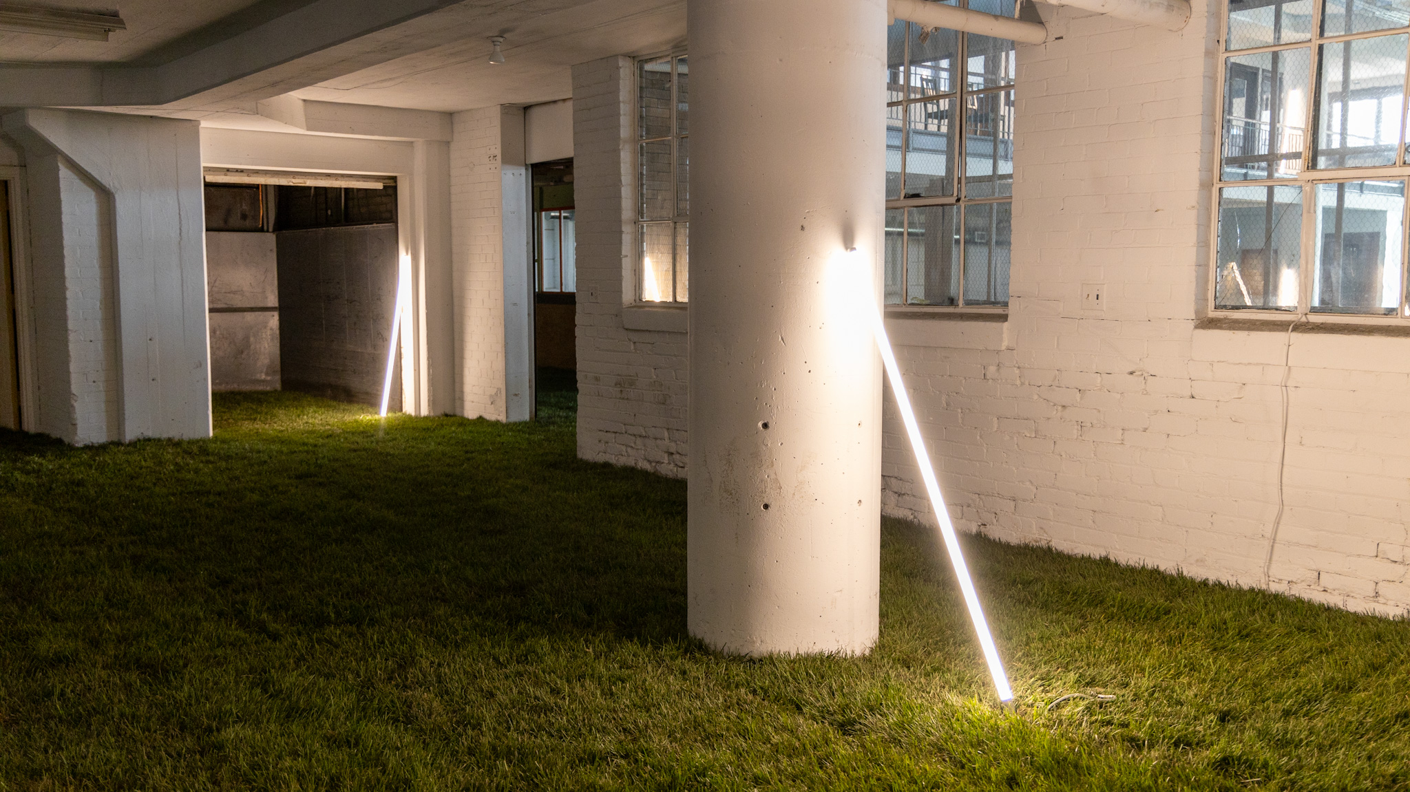 Lights placed on the grass set inside the Boyer Campbell Building in Detroit for the Petrichor botanical art installation on May 30, 2024. (Photo credit: Tayler Simpson, WDET)