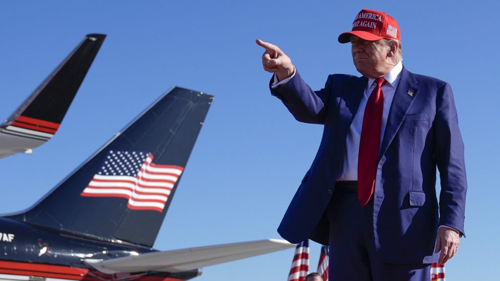 Republican presidential candidate former President Donald Trump gestures at a campaign rally in Freeland, Mich., Wednesday, May 1, 2024.