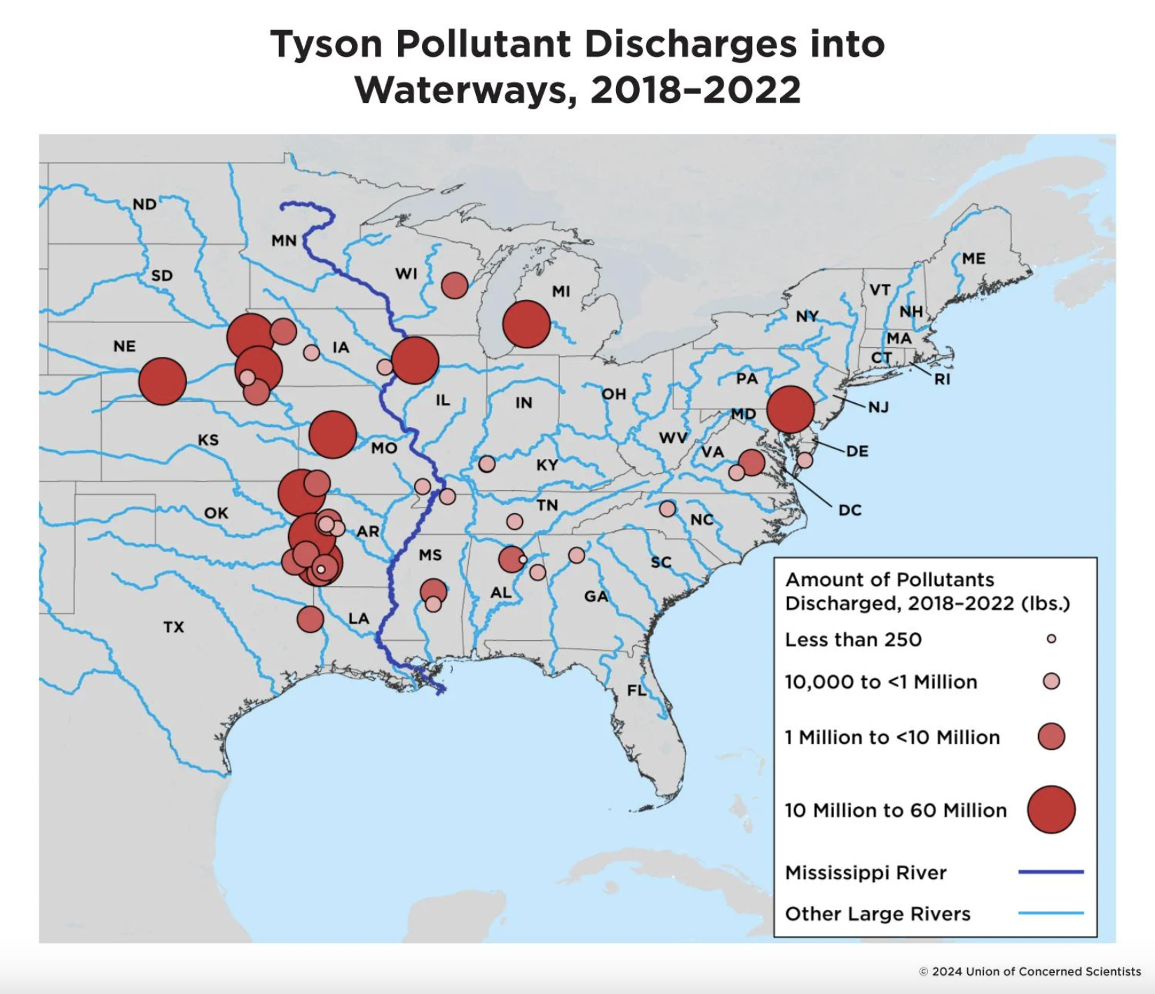 The map shows Tyson meat processing plants by relative pollutant discharges into waterways, 2018-2022.
