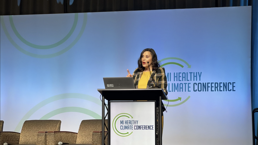 Gov. Gretchen Whitmer delivers a keynote address at the 2024 MI Healthy Climate Plan conference in Lansing, May 17, 2024.