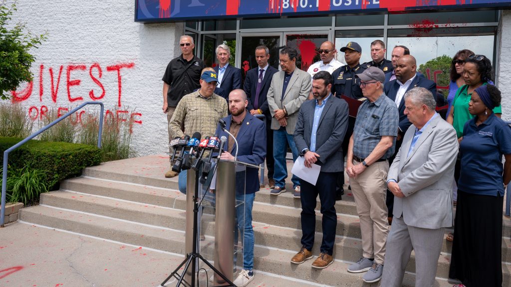 A press conference held at Goodman Acker after their offices were vandalized.