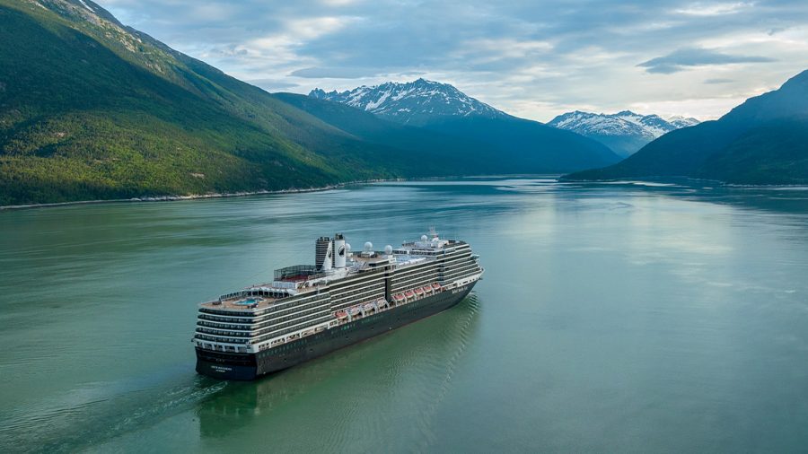 A cruise ship traveling through Alaska.