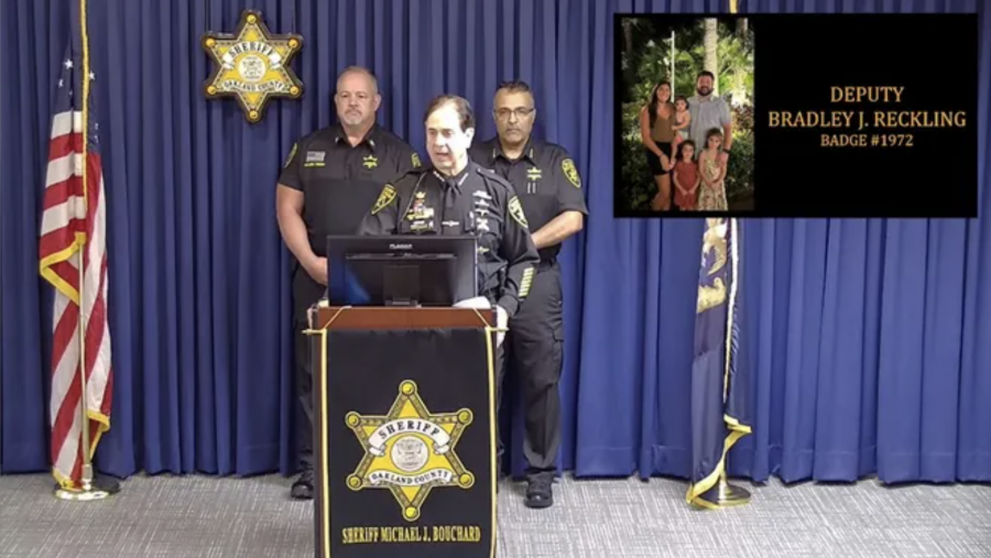 Oakland County Sheriff Michael Bouchard addresses the media about the fatal shooting of Oakland County Sheriff's Deputy Bradley Reckling, Sunday, June 23, 2024.