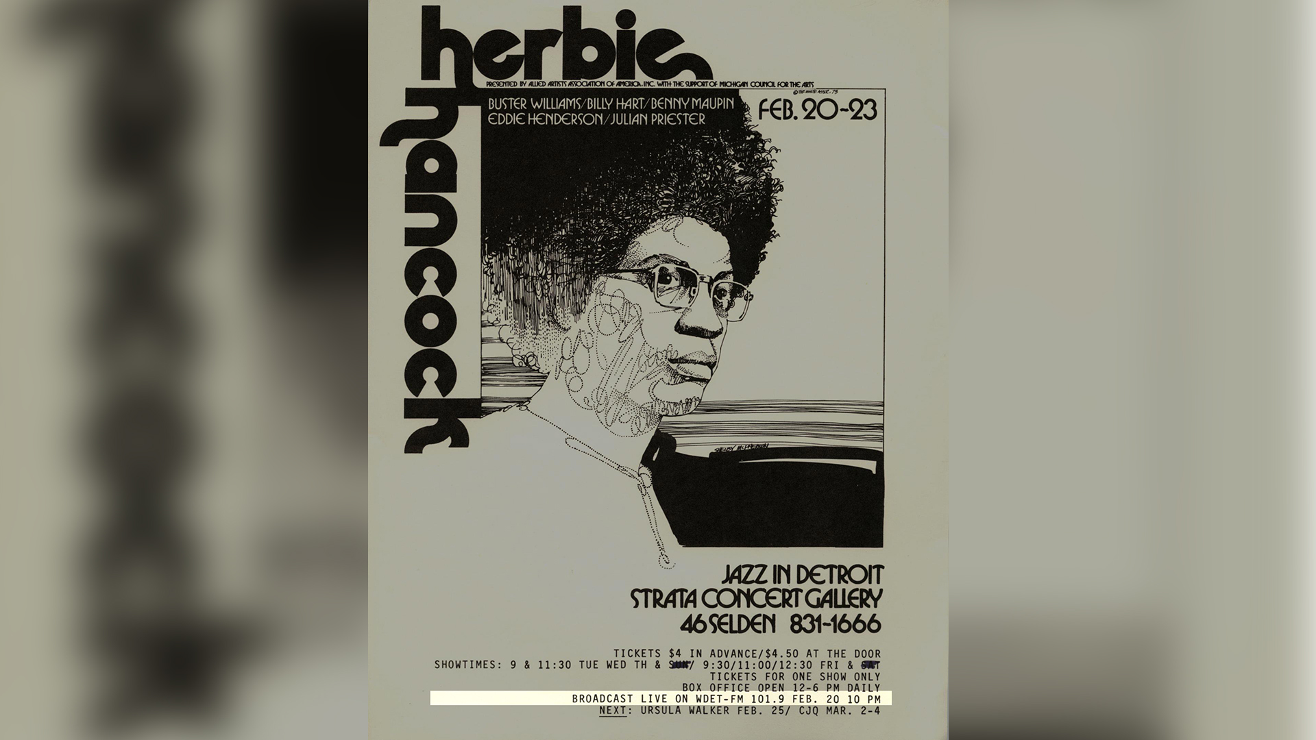 Concert poster promoting a Herbie Hancock concert at Strata Concert Gallery in Detroit.