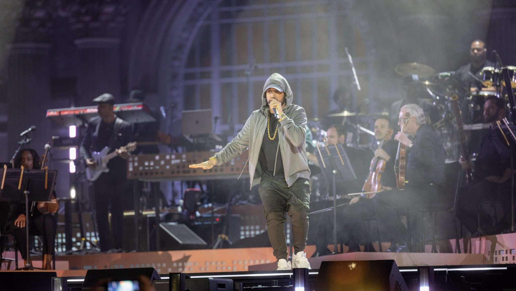 Eminem performs at the Michigan Central grand reopening concert on Thursday, June 6, 2024.