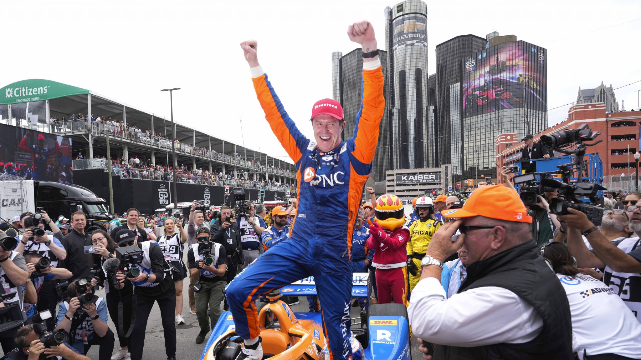 Scott Dixon celebrates winning the IndyCar Detroit Grand Prix auto race in Detroit, Sunday, June 2, 2024.