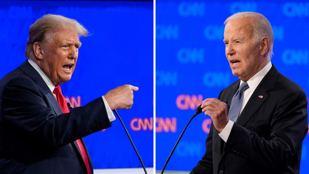 This combination of photos shows Republican presidential candidate former President Donald Trump, left, and President Joe Biden during a presidential debate hosted by CNN, Thursday, June 27, 2024, in Atlanta. (AP Photo/Gerald Herbert)