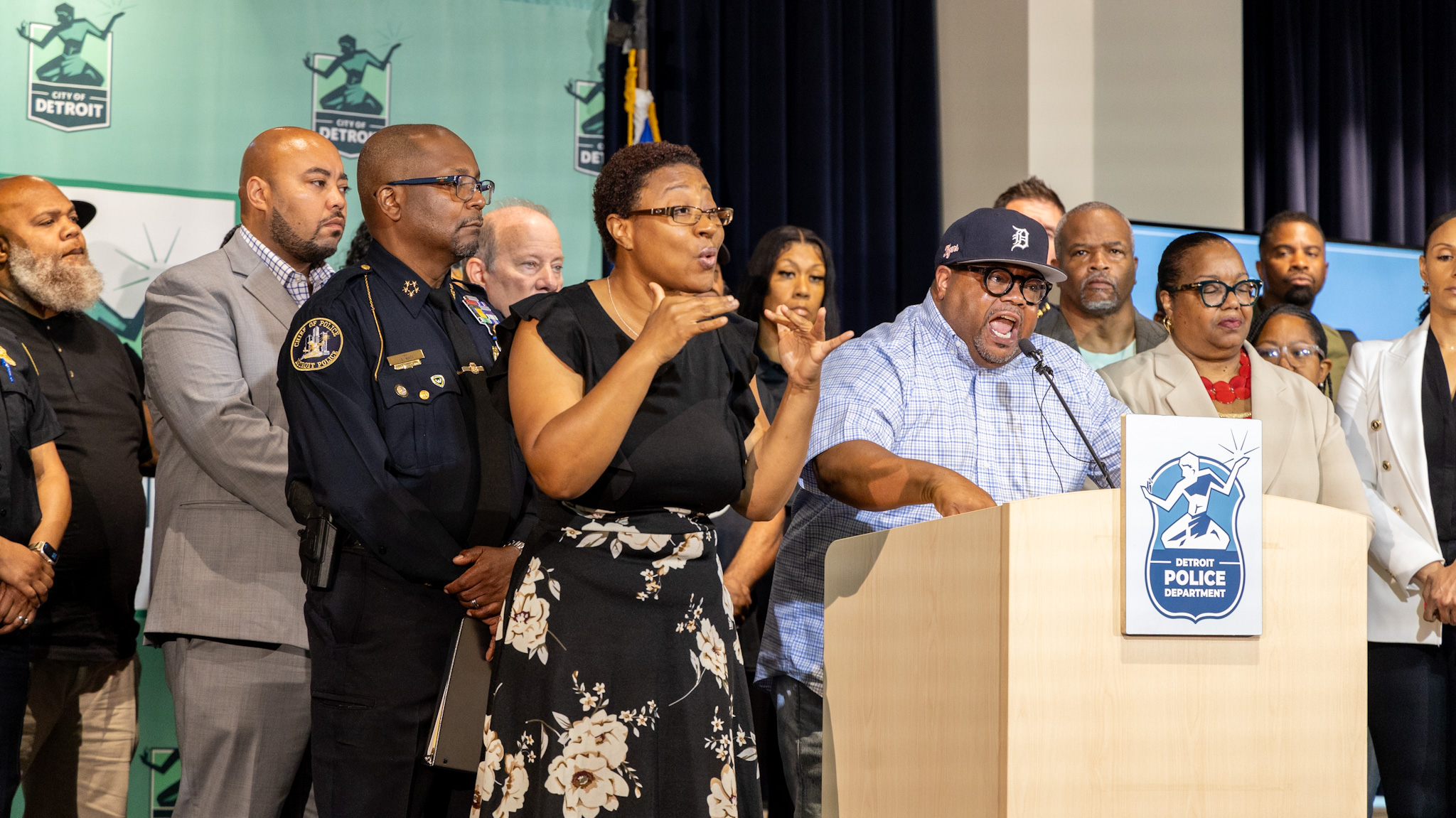 Community leader Teferi Brent speaks at a press conference following the mass shooting at a "pop-up" block party in Detroit on Sunday, July 7, 2024.