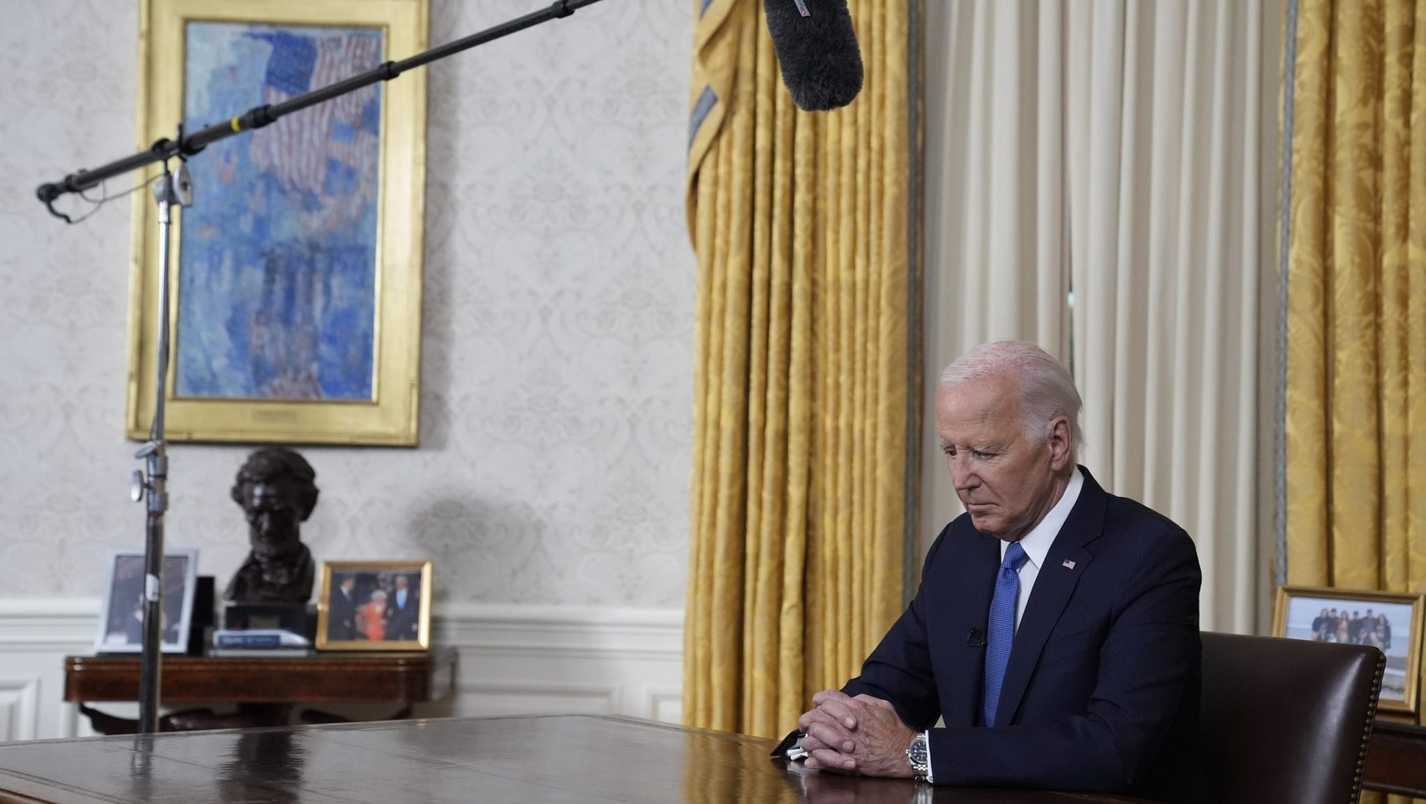 President Joe Biden pauses before he addresses the nation from the Oval Office of the White House in Washington, Wednesday, July 24, 2024, about his decision to drop his Democratic presidential reelection bid.