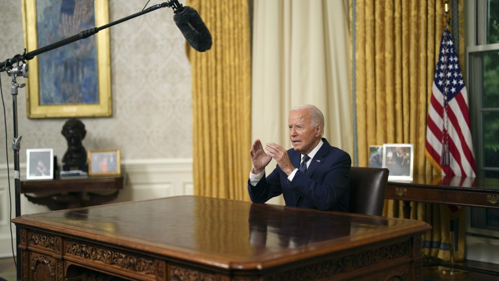 President Joe Biden addresses the nation from the Oval Office of the White House in Washington, Sunday, July 14, 2024, about the assassination attempt of Republican presidential candidate former President Donald Trump at a campaign rally in Pennsylvania.