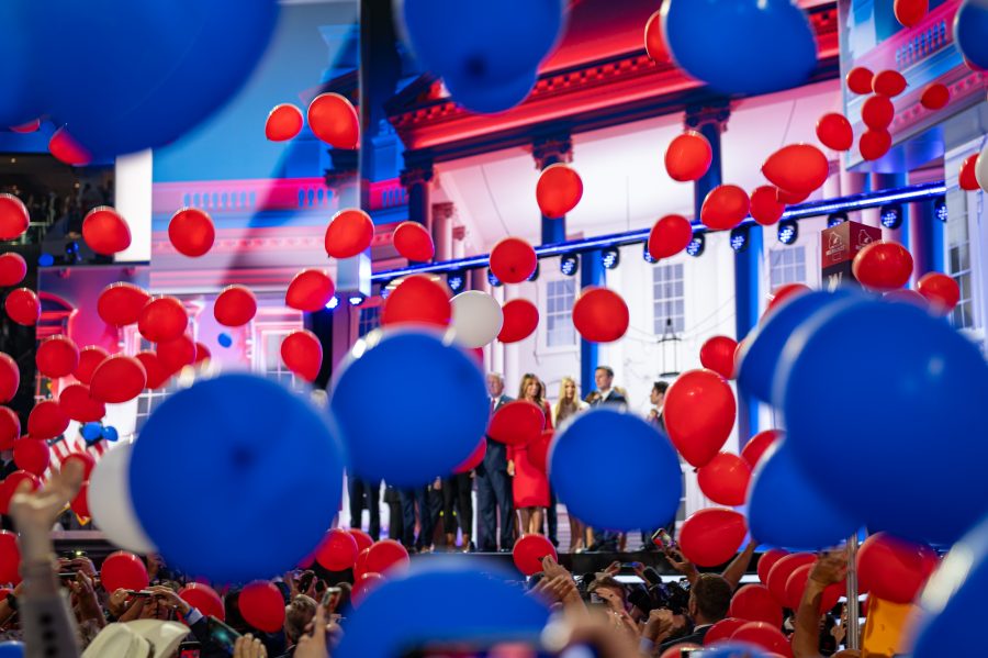 Red, white and blue balloons rain down over the Republican National Convention on Thursday, July 18, 2024.