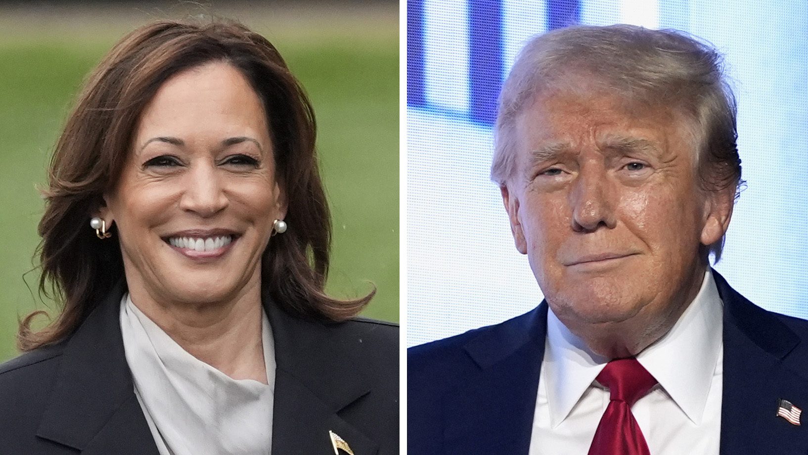 This combination photo shows Vice President Kamala Harris, left, at the White House in Washington, July 22, 2024, and Republican presidential candidate former President Donald Trump at an event July 26, 2024, in West Palm Beach, Fla.
