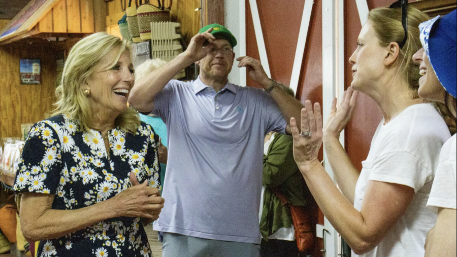 First Lady Jill Biden speaks to visitors of King Orchards in Antrim County. She visited northern Michigan July 3, 2024, to open a new campaign office in Traverse City.